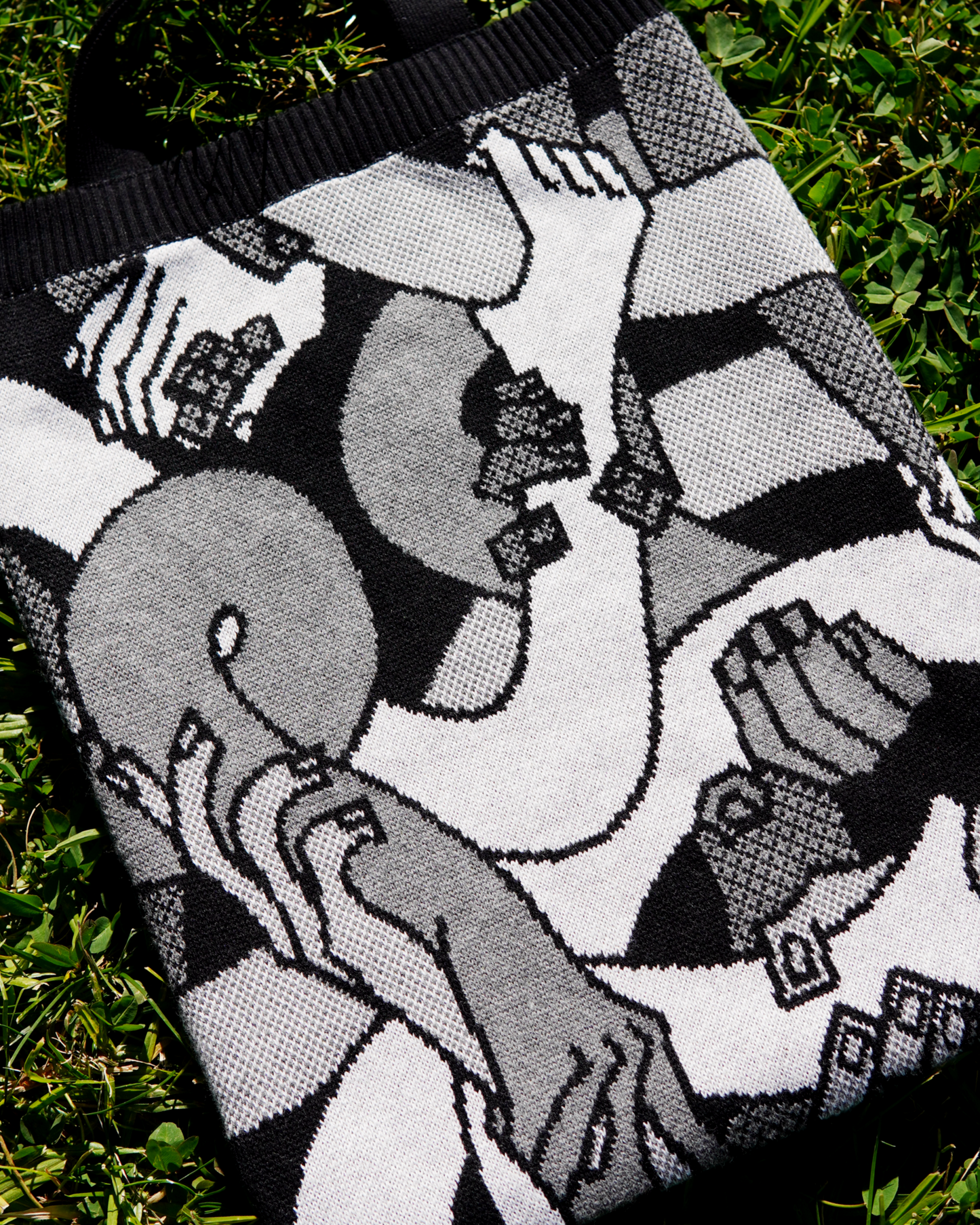 "Hand Tangle" Knitted Tote (B&W)